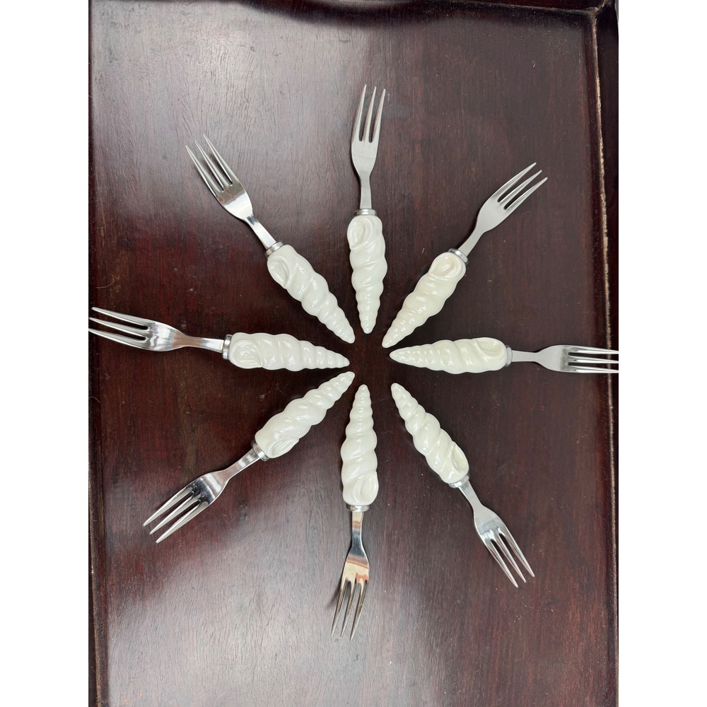 Vintage Shafford Japan Cocktail Forks Set 8 Ceramic Shell Handle Stainless Steel